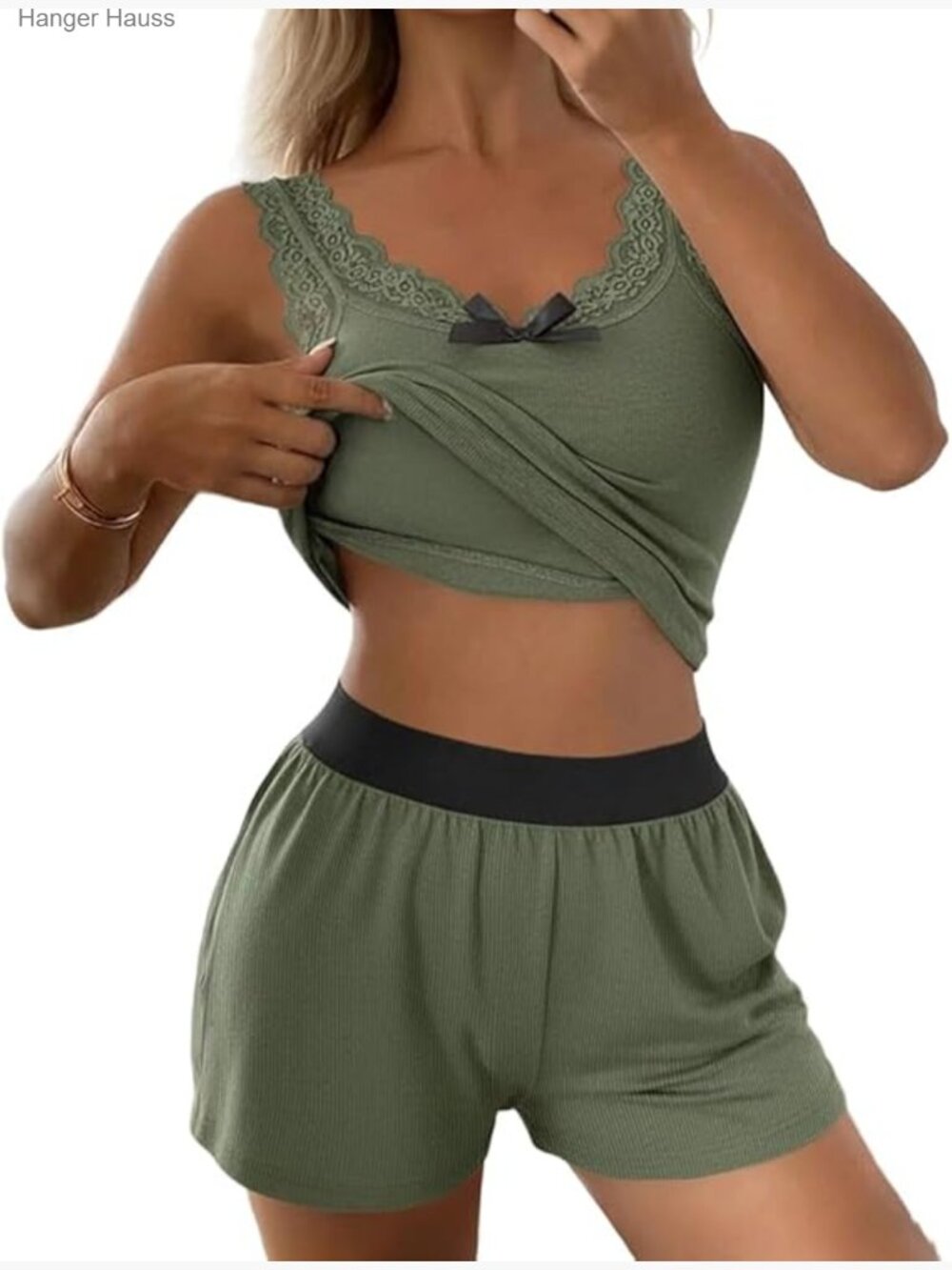 Pajama Set Sleeveless Built In Bra Tank and Shorts with Lace Trim